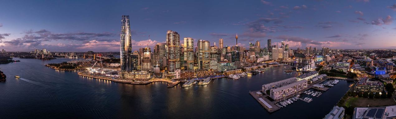 Aerial view of Crown Casino and the Three International Towers at Barangaroo, Darling Harbour, Sydney Australia